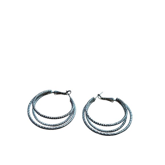 Textured Silvertone Triple Hoop Earrings 1.5 inches - Picture 2 of 2